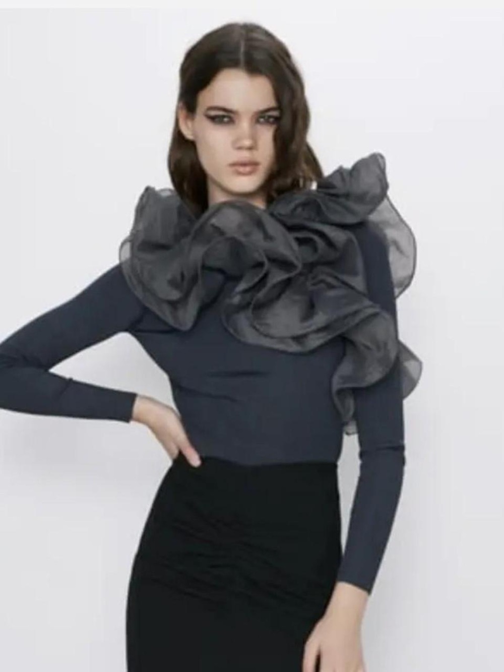 Zara Knit Organza Ruffle Trim Top